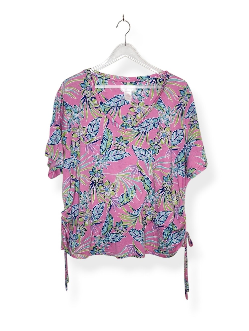 Stella Parker Floral Pink Short Sleeve V-Neck Top Women's Size 3X Side Ruching